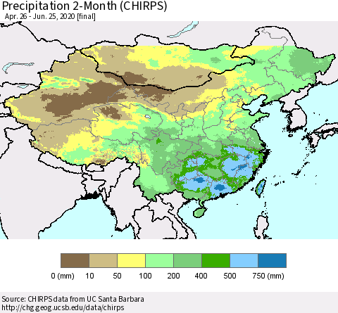 China, Mongolia and Taiwan Precipitation 2-Month (CHIRPS) Thematic Map For 4/26/2020 - 6/25/2020