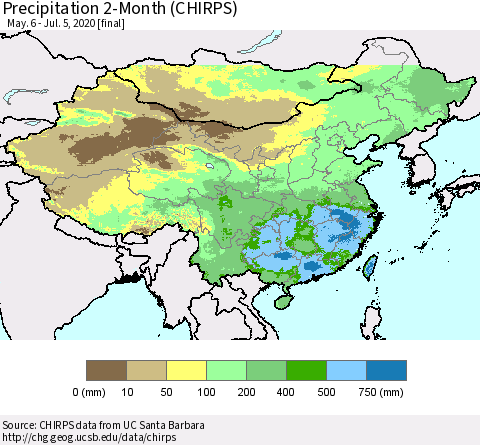China, Mongolia and Taiwan Precipitation 2-Month (CHIRPS) Thematic Map For 5/6/2020 - 7/5/2020