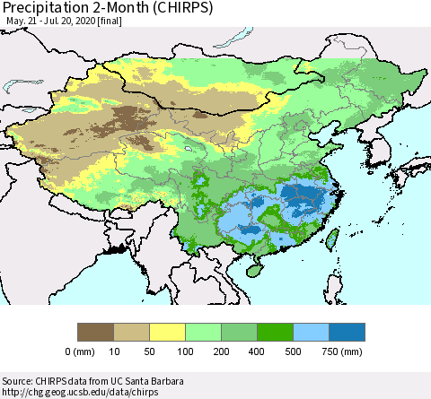 China, Mongolia and Taiwan Precipitation 2-Month (CHIRPS) Thematic Map For 5/21/2020 - 7/20/2020