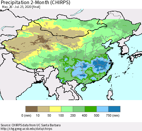 China, Mongolia and Taiwan Precipitation 2-Month (CHIRPS) Thematic Map For 5/26/2020 - 7/25/2020