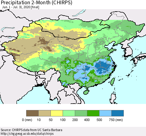 China, Mongolia and Taiwan Precipitation 2-Month (CHIRPS) Thematic Map For 6/1/2020 - 7/31/2020