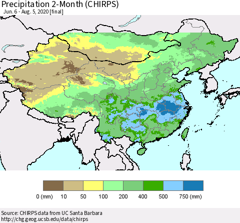 China, Mongolia and Taiwan Precipitation 2-Month (CHIRPS) Thematic Map For 6/6/2020 - 8/5/2020