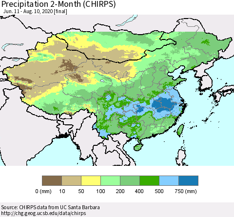China, Mongolia and Taiwan Precipitation 2-Month (CHIRPS) Thematic Map For 6/11/2020 - 8/10/2020