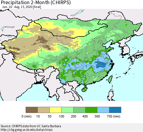 China, Mongolia and Taiwan Precipitation 2-Month (CHIRPS) Thematic Map For 6/16/2020 - 8/15/2020