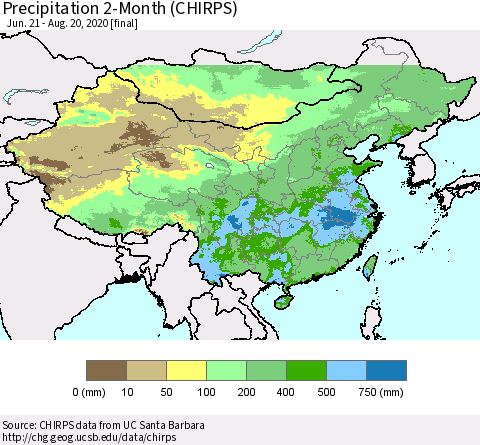 China, Mongolia and Taiwan Precipitation 2-Month (CHIRPS) Thematic Map For 6/21/2020 - 8/20/2020