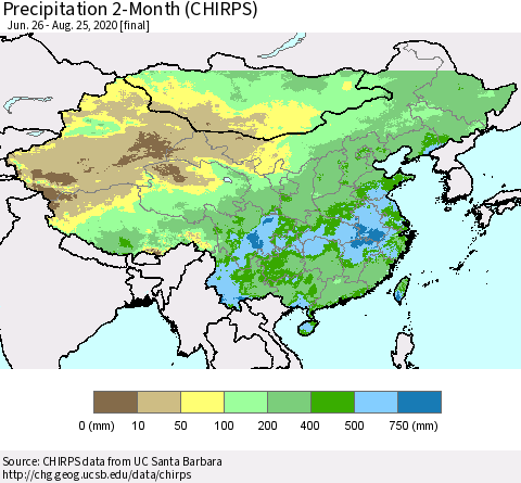 China, Mongolia and Taiwan Precipitation 2-Month (CHIRPS) Thematic Map For 6/26/2020 - 8/25/2020
