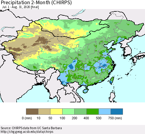 China, Mongolia and Taiwan Precipitation 2-Month (CHIRPS) Thematic Map For 7/1/2020 - 8/31/2020