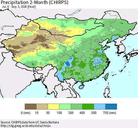 China, Mongolia and Taiwan Precipitation 2-Month (CHIRPS) Thematic Map For 7/6/2020 - 9/5/2020