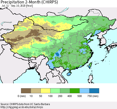 China, Mongolia and Taiwan Precipitation 2-Month (CHIRPS) Thematic Map For 7/11/2020 - 9/10/2020