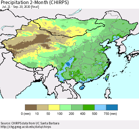 China, Mongolia and Taiwan Precipitation 2-Month (CHIRPS) Thematic Map For 7/21/2020 - 9/20/2020
