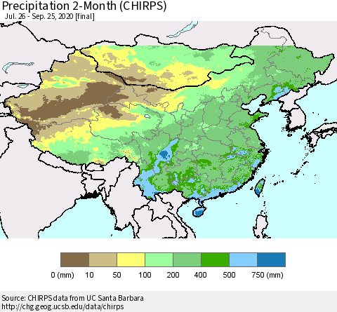 China, Mongolia and Taiwan Precipitation 2-Month (CHIRPS) Thematic Map For 7/26/2020 - 9/25/2020