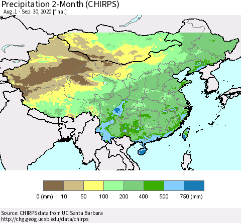 China, Mongolia and Taiwan Precipitation 2-Month (CHIRPS) Thematic Map For 8/1/2020 - 9/30/2020