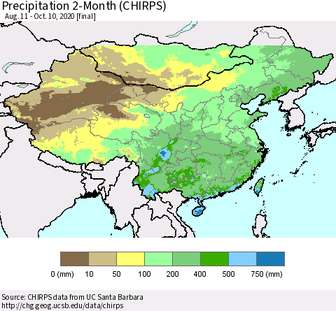 China, Mongolia and Taiwan Precipitation 2-Month (CHIRPS) Thematic Map For 8/11/2020 - 10/10/2020