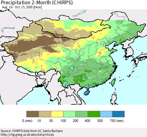 China, Mongolia and Taiwan Precipitation 2-Month (CHIRPS) Thematic Map For 8/16/2020 - 10/15/2020