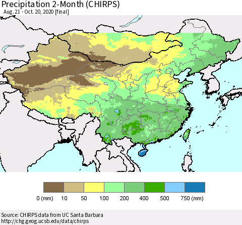 China, Mongolia and Taiwan Precipitation 2-Month (CHIRPS) Thematic Map For 8/21/2020 - 10/20/2020