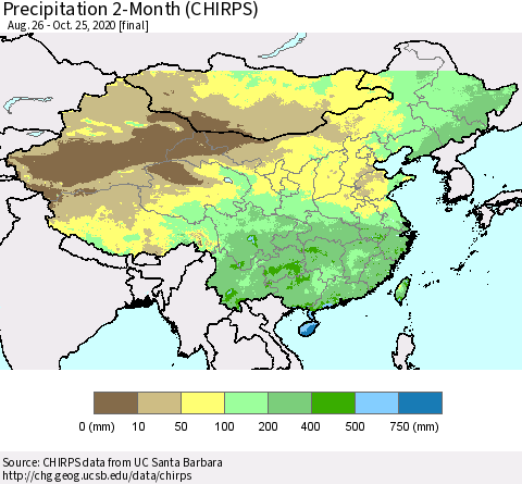 China, Mongolia and Taiwan Precipitation 2-Month (CHIRPS) Thematic Map For 8/26/2020 - 10/25/2020