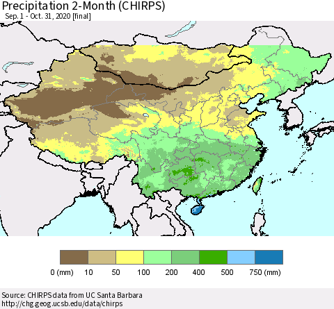 China, Mongolia and Taiwan Precipitation 2-Month (CHIRPS) Thematic Map For 9/1/2020 - 10/31/2020