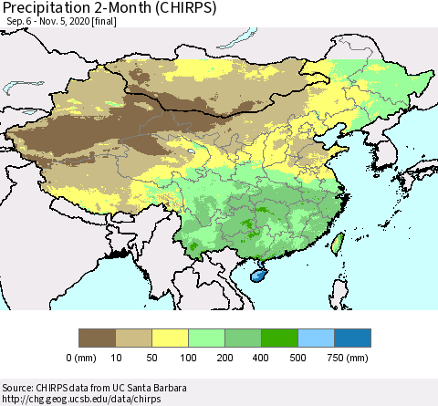 China, Mongolia and Taiwan Precipitation 2-Month (CHIRPS) Thematic Map For 9/6/2020 - 11/5/2020