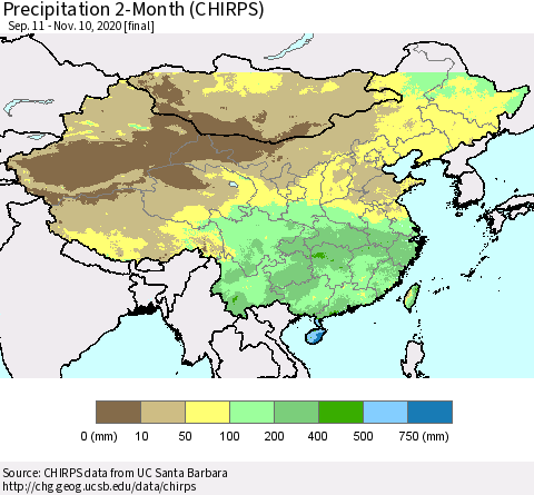 China, Mongolia and Taiwan Precipitation 2-Month (CHIRPS) Thematic Map For 9/11/2020 - 11/10/2020