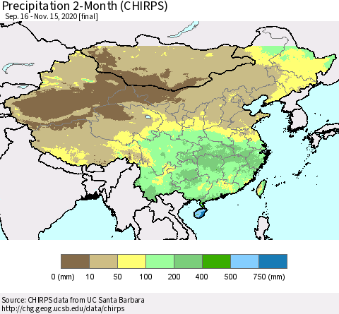 China, Mongolia and Taiwan Precipitation 2-Month (CHIRPS) Thematic Map For 9/16/2020 - 11/15/2020