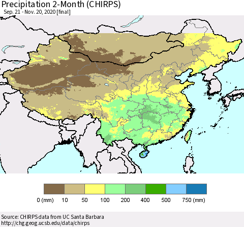 China, Mongolia and Taiwan Precipitation 2-Month (CHIRPS) Thematic Map For 9/21/2020 - 11/20/2020