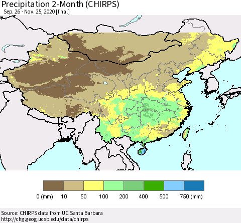 China, Mongolia and Taiwan Precipitation 2-Month (CHIRPS) Thematic Map For 9/26/2020 - 11/25/2020