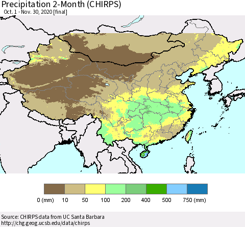 China, Mongolia and Taiwan Precipitation 2-Month (CHIRPS) Thematic Map For 10/1/2020 - 11/30/2020