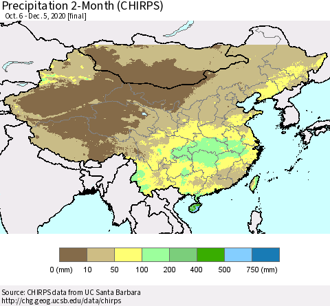 China, Mongolia and Taiwan Precipitation 2-Month (CHIRPS) Thematic Map For 10/6/2020 - 12/5/2020