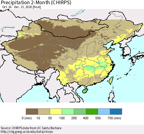 China, Mongolia and Taiwan Precipitation 2-Month (CHIRPS) Thematic Map For 10/16/2020 - 12/15/2020