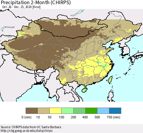 China, Mongolia and Taiwan Precipitation 2-Month (CHIRPS) Thematic Map For 10/26/2020 - 12/25/2020