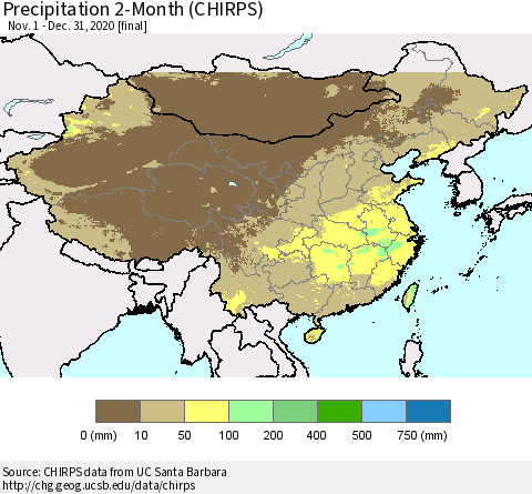 China, Mongolia and Taiwan Precipitation 2-Month (CHIRPS) Thematic Map For 11/1/2020 - 12/31/2020