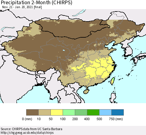 China, Mongolia and Taiwan Precipitation 2-Month (CHIRPS) Thematic Map For 11/21/2020 - 1/20/2021
