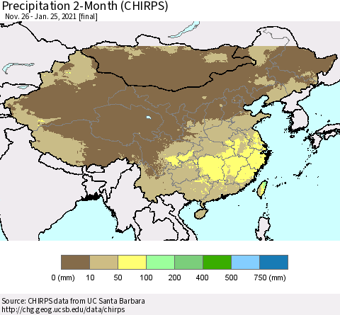 China, Mongolia and Taiwan Precipitation 2-Month (CHIRPS) Thematic Map For 11/26/2020 - 1/25/2021
