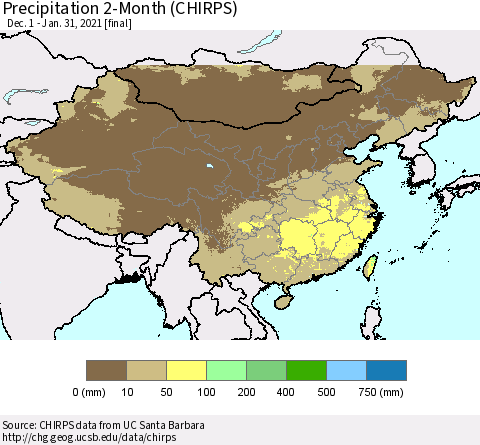 China, Mongolia and Taiwan Precipitation 2-Month (CHIRPS) Thematic Map For 12/1/2020 - 1/31/2021