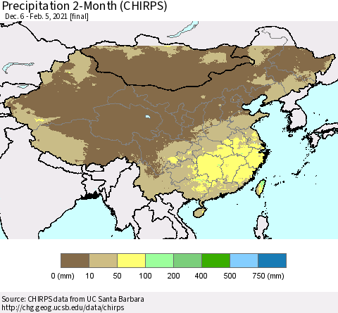 China, Mongolia and Taiwan Precipitation 2-Month (CHIRPS) Thematic Map For 12/6/2020 - 2/5/2021