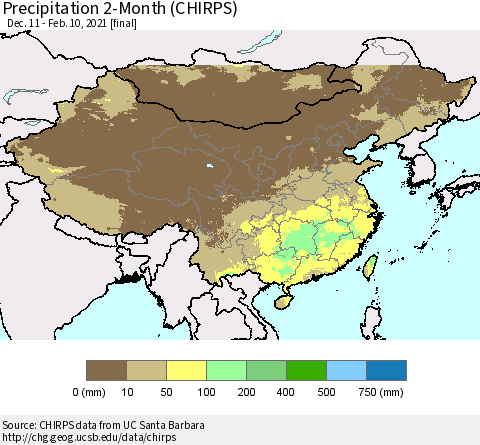China, Mongolia and Taiwan Precipitation 2-Month (CHIRPS) Thematic Map For 12/11/2020 - 2/10/2021