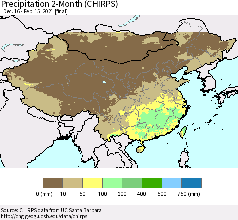 China, Mongolia and Taiwan Precipitation 2-Month (CHIRPS) Thematic Map For 12/16/2020 - 2/15/2021