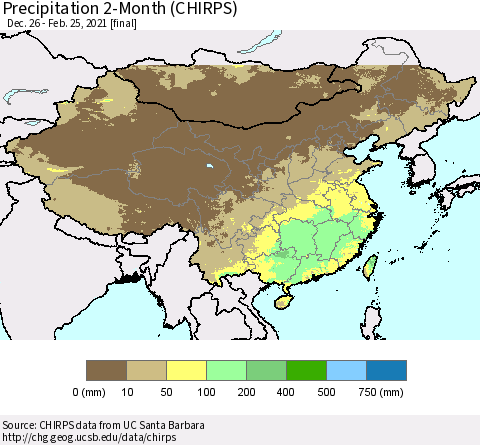 China, Mongolia and Taiwan Precipitation 2-Month (CHIRPS) Thematic Map For 12/26/2020 - 2/25/2021