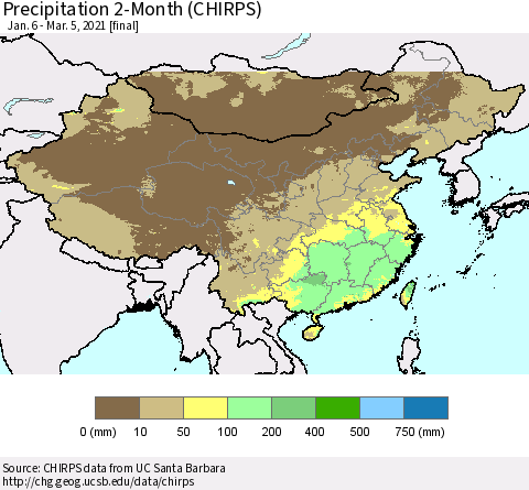 China, Mongolia and Taiwan Precipitation 2-Month (CHIRPS) Thematic Map For 1/6/2021 - 3/5/2021