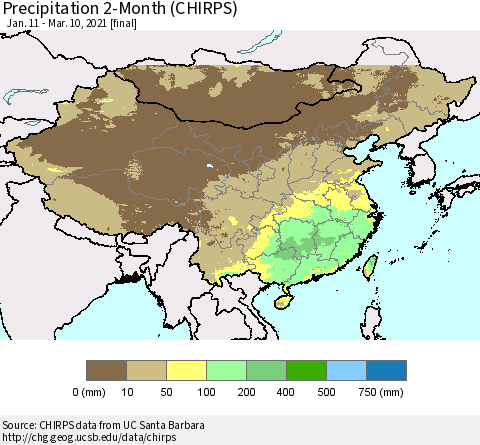 China, Mongolia and Taiwan Precipitation 2-Month (CHIRPS) Thematic Map For 1/11/2021 - 3/10/2021