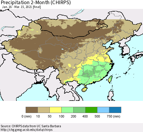 China, Mongolia and Taiwan Precipitation 2-Month (CHIRPS) Thematic Map For 1/16/2021 - 3/15/2021
