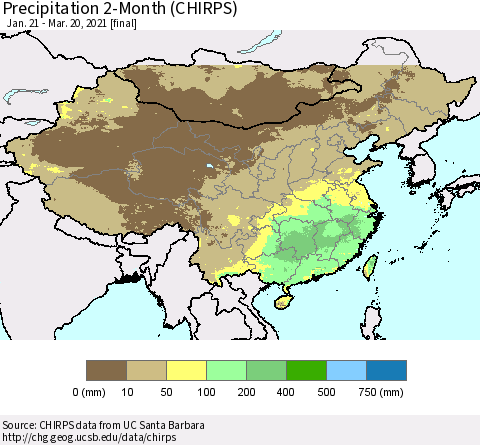 China, Mongolia and Taiwan Precipitation 2-Month (CHIRPS) Thematic Map For 1/21/2021 - 3/20/2021