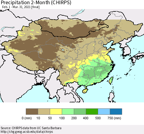 China, Mongolia and Taiwan Precipitation 2-Month (CHIRPS) Thematic Map For 2/1/2021 - 3/31/2021