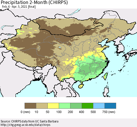 China, Mongolia and Taiwan Precipitation 2-Month (CHIRPS) Thematic Map For 2/6/2021 - 4/5/2021