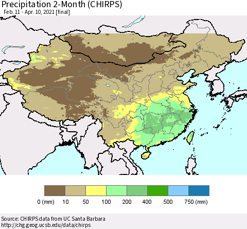 China, Mongolia and Taiwan Precipitation 2-Month (CHIRPS) Thematic Map For 2/11/2021 - 4/10/2021