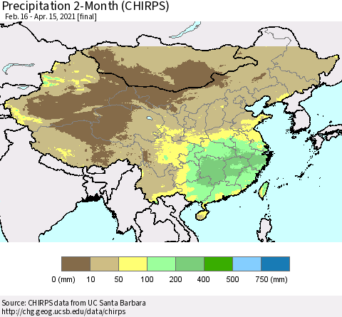 China, Mongolia and Taiwan Precipitation 2-Month (CHIRPS) Thematic Map For 2/16/2021 - 4/15/2021
