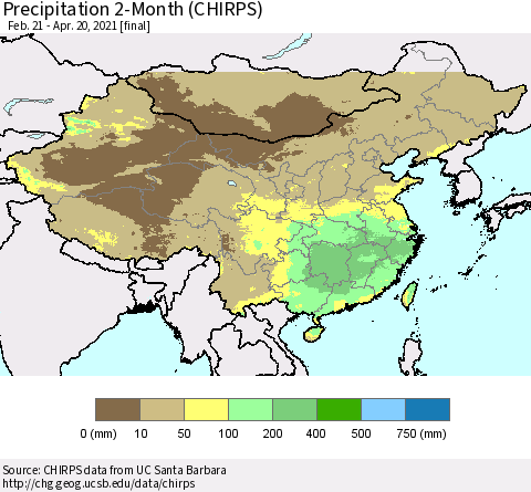 China, Mongolia and Taiwan Precipitation 2-Month (CHIRPS) Thematic Map For 2/21/2021 - 4/20/2021