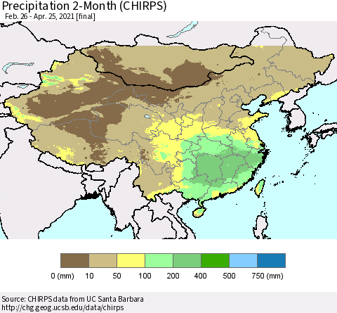 China, Mongolia and Taiwan Precipitation 2-Month (CHIRPS) Thematic Map For 2/26/2021 - 4/25/2021