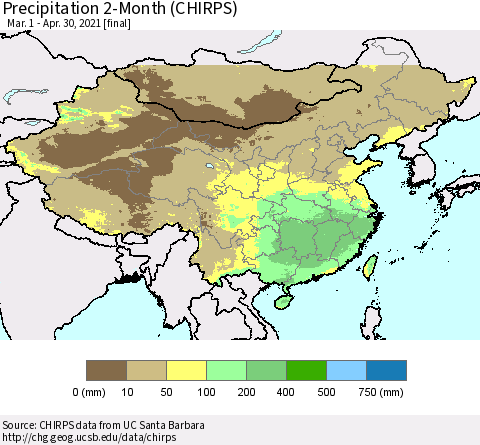 China, Mongolia and Taiwan Precipitation 2-Month (CHIRPS) Thematic Map For 3/1/2021 - 4/30/2021