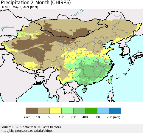 China, Mongolia and Taiwan Precipitation 2-Month (CHIRPS) Thematic Map For 3/6/2021 - 5/5/2021